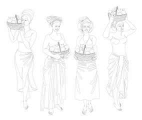 Collection. Silhouettes of a girl in a headscarf. The lady is holding a basket of apples in her hands. Woman in modern one line style, outline. Vector illustration, set.
