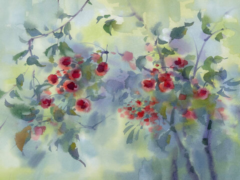 Red apple branches with leaves watercolor background