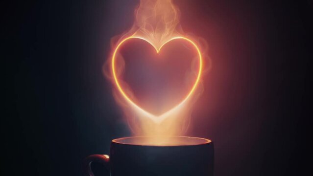 A fresh cup of coffee or hot drink with a glowing heart shape made from the steam from the hot beverage. 3D rendered image