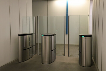 A sliding barrier security system at an office building.