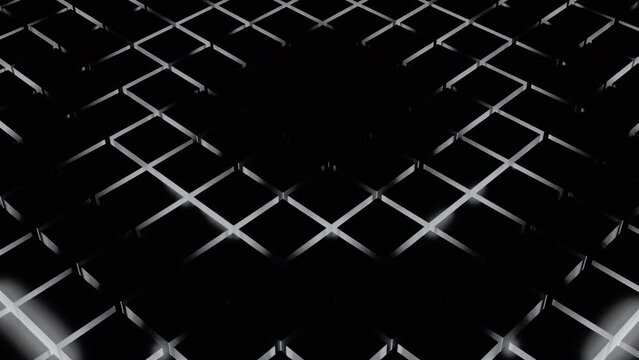 Black and white background with pulsating rings on a checkered backdrop. Design. Pulsation motion of circles and the grid behind.