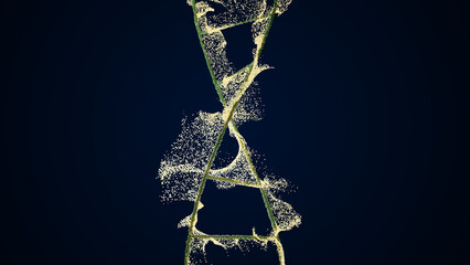 3d illustration of a light yellow DNA chain on a black background with yellow shining light.