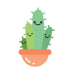 Cute, bright succulent or cactus, cacti plants with happy kawaii face vector illustration sticker set. Decorative colored houseplant elements collection isolated. Kawaii characters. Cactus family