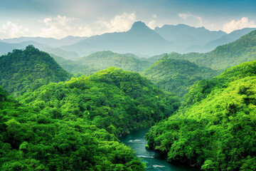 Tropical forest landscape with mountains in the background