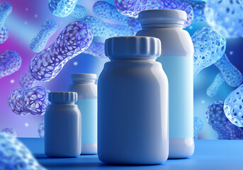 Probiotic yogurt. Yogurt bottles without label. Microbiome cells are huge. Dairy probiotic products. Concept of selling probiotic yogurt. Food with beneficial microorganisms. 3d rendering.