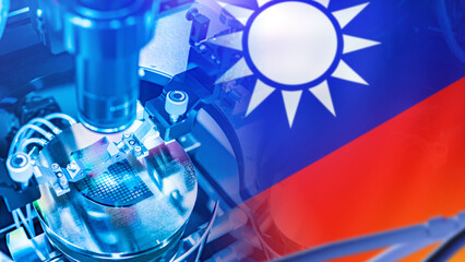 Production of digital boards. Taiwan micro industry. Machine for manufacture of digital boards. Flag of Taiwan over equipment for micro industry. Making modern digital boards in Taiwan. 3d rendering