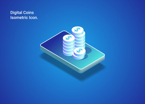 Isometric Icon Digital Coins Cryptocurrency with Mobile banner background design concept. Metaverse elements with gradient. illustration for poster, web, cover, ad, card, present