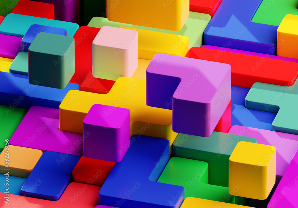 Poster children colorful wallpaper. three-dimensional tetris with rainbow elements. blocks from video game 