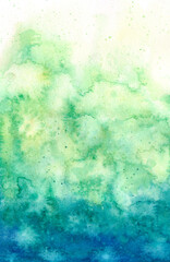 delicate light watercolor work of a seascape in blue and green colors