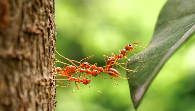 Ant bridge unity team, Ants help to carry food, Concept team work together. Red ants teamwork. unity of ants.		                           