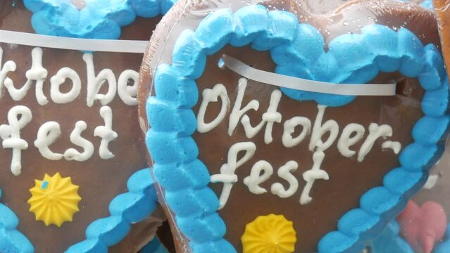 Gingerbread colorful hearts at the Oktoberfest beer festival