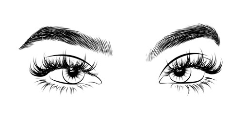 Eye extension illustration for salon socila media, logo, icon. New trendy wet look lashes. Natural full eyerbows.