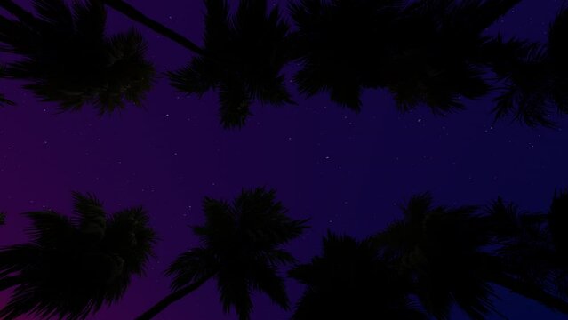 Movement through palm alley bottom view of coconut palm trees at night. 3d Synthwave animated background. Seamless loop.