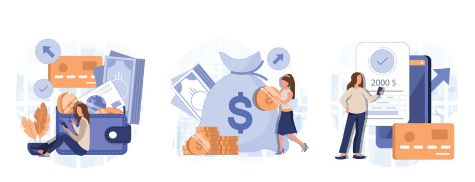 Financial illustration set. Characters saving money in cash, credit card or in savings bank accounts. Personal finance management and savings concept. Vector illustration.