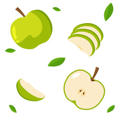 Green apple with leaves and apple slices, vector