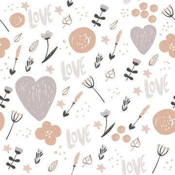 Floral seamless pattern with big hearts. Pastel nature print. Vector hand drawn illustration.