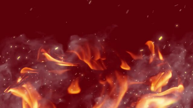 Animation of flames with ember and smoke on red background
