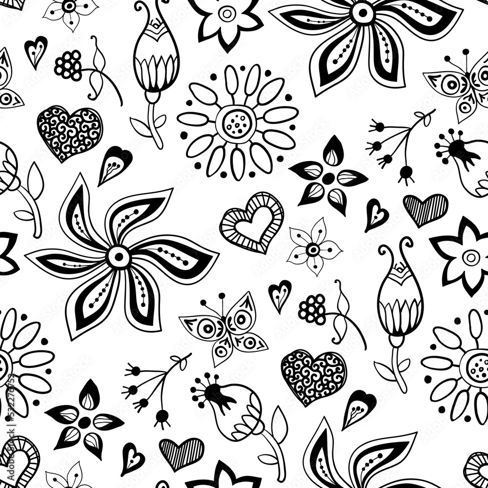 Wall mural Seamless floral pattern with outline flowers and leaves background. Abstract contemporary modern trendy vector illustration. Perfect for wallpaper, gift paper and textile. Fashionable template