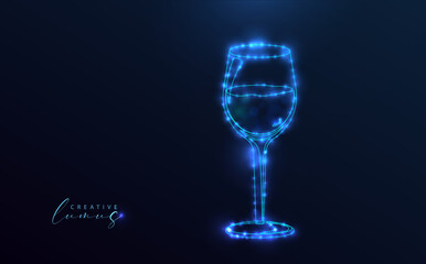 Starry glass. Cocktail or wine glass outline design, neon blue and bright stars. 