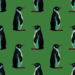 Penguin Repeat Seamless Pattern on Emerald Green Illustration