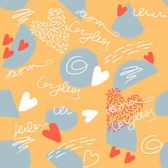 Hand drawn seamless pattern with red and white hearts,blue spots and doodles on yellow.Trendy abstract background and texture for printing on fabric and paper.Vector flat cartoon illustration.