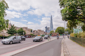 Fototapeta na wymiar London, England, UK- September 10, 2022: Tower Hill in the left is the Tower of London and The Shard background. Cultural tourist attractions historical places in central London