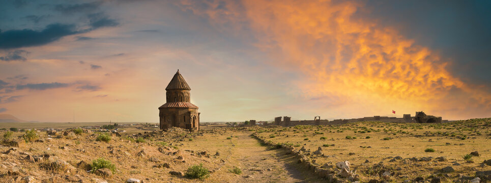 Sunrise time in the ancient city of Ani. Turkey's most important historical travel destinations. Kars city, Turkey 
