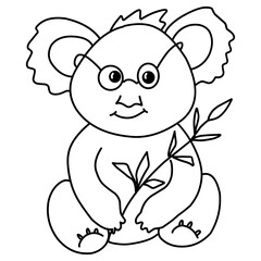 koala with glasses illustration, twig in hand. Hand-drawn doodles illustration. Line art. Icon