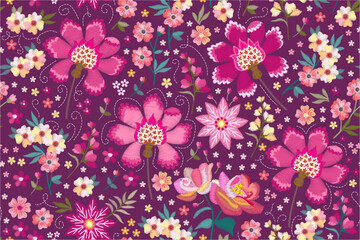 Embroidery seamless pattern with fantasy flowers. Print for fabric in boho style. © Happy Dragon