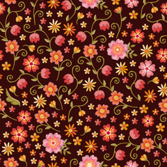 Fototapeta na wymiar Vintage floral ornament with embroidered flowers. Seamless pattern with imitation of satin stitch in vector.