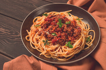 Spaghetti Bolognese, top view, close-up, no people, homemade,