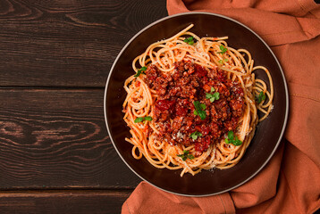 Spaghetti Bolognese, top view, close-up, no people, homemade,