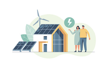 Green energy an eco friendly houses - solar energy, wind energy. Vector concept illustration.