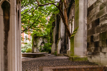London, England, UK- September 10, 2022:A view of the ruins of St Dunstans in the east churchyard
