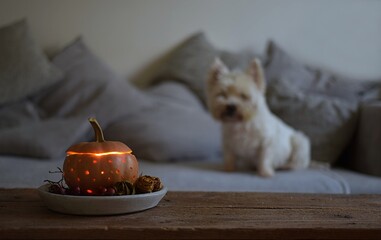 White terrier dog, autumn still life in the living room. Halloween decoration, pumpkin, candle	