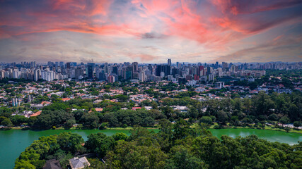 Aerial view of Ibirapuera Park in São Paulo, SP. Residential buildings around. Lake in Ibirapuera Park.