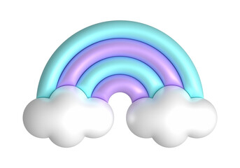 Fototapeta premium 3d rainbows in candy pastel color purple, blue. Cute plastic rainbow with clouds. 3d rendering spring illustration suitable for decoration of Birthday, product, banner, social networks.