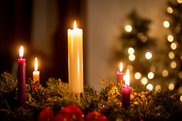 Christmas candles on an advent wreath in dark church - Powered by Adobe