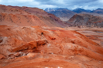 Gobi desert lifeless landscape mountains Altai Republic Russia, texture of red sandstone in Mars valley, aerial top view