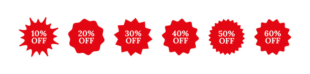 Circle, round splash badges. Set discount promo stamps. Price stickers. Star burst boxes. Red tag product labels. Starburst shapes isolated on white background. Vector illustration.