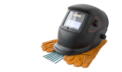 welding helmet with electrodes and gloves