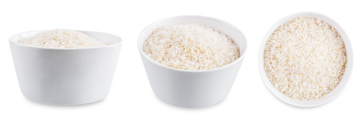 Dried rice in a white bowl on a white isolated background