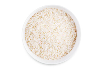 Dried rice in a white bowl on a white isolated background