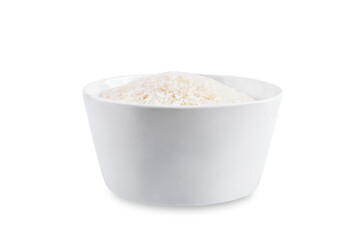 Dried rice in a white bowl on a white isolated background
