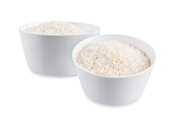 Dried rice in a white bowl on a white isolated background