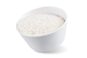 Dried rice in a white bowl on a white isolated background