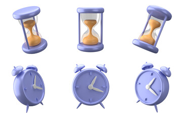 3d rendering of clock and hourglass icon, fit for design assets of business or finance, purple icon, 3d icons set, transparant background - obrazy, fototapety, plakaty