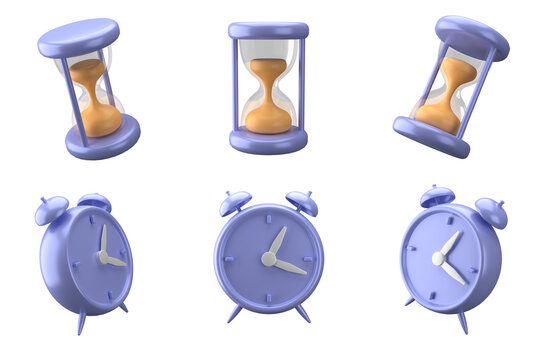 3d rendering of clock and hourglass icon, fit for design assets of business or finance, purple icon, 3d icons set, transparant background
