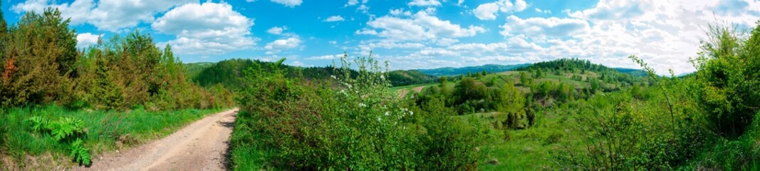 Panorama of the spring forest near the mountain town. Picturesque landscape of a sunny day.