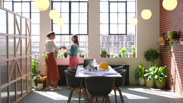 Business handshake, welcome employee and women meeting in modern work office, communication about creative deal and partnership on contract. Manager and client with success after collaboration